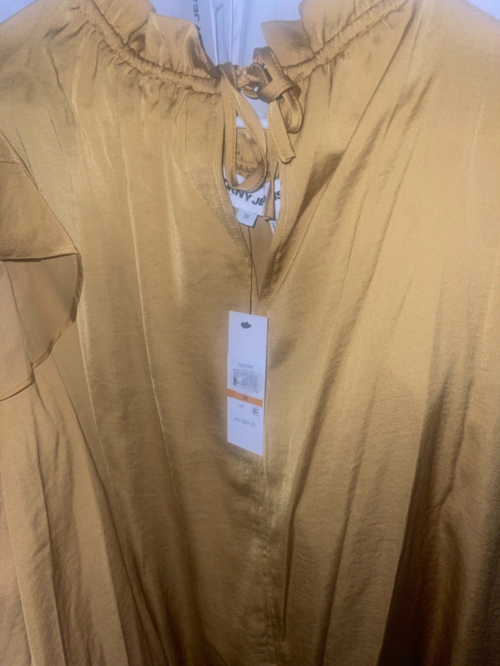DKNY Mustard Gold Satin Tie-Neck Blouse SZ 3x NWT